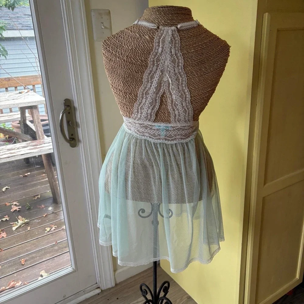 Betsey Johnson Aqua Blue Babydoll‎ Lingerie Lace Trim Ruffle Halter Y2K